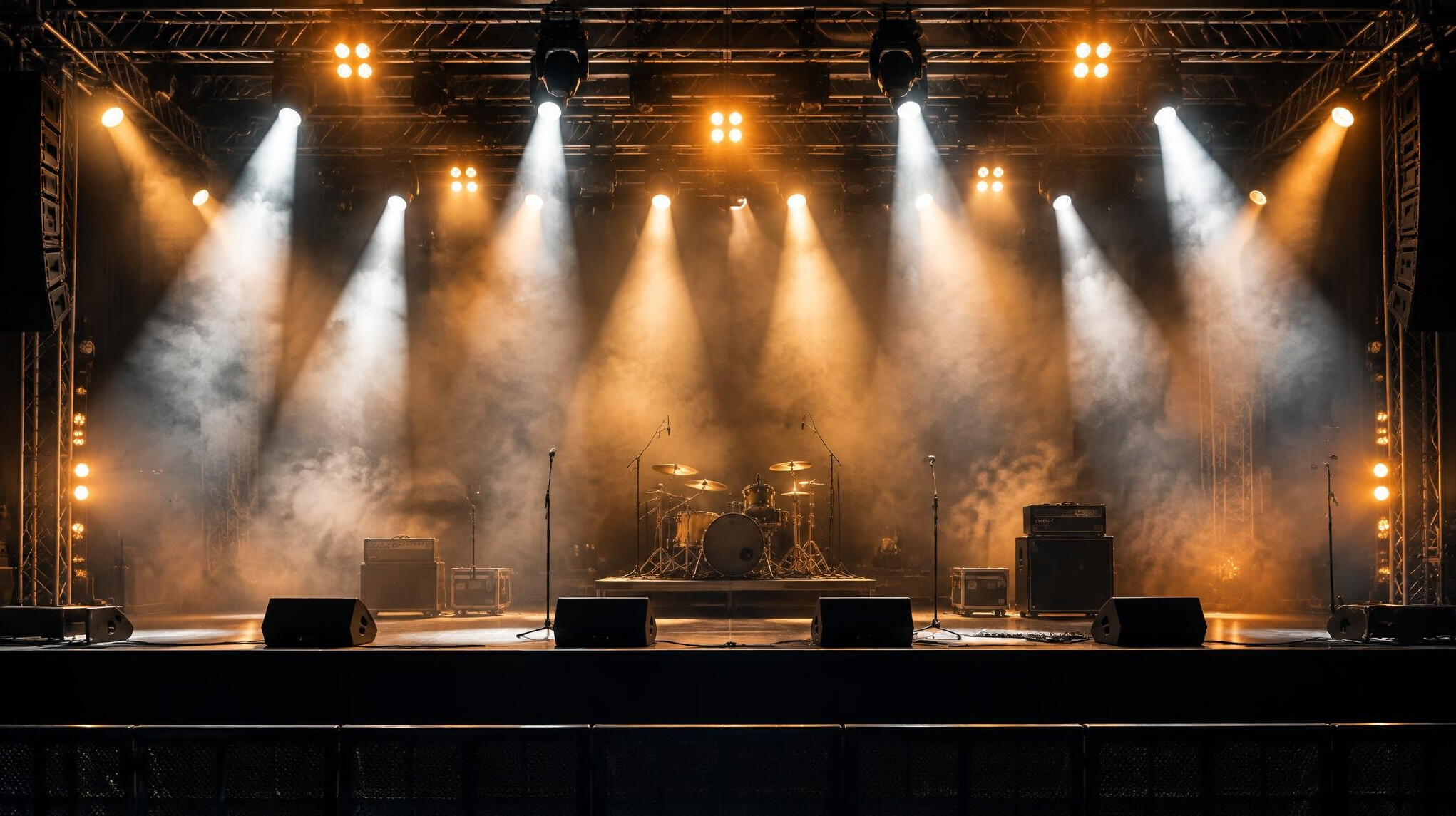 Concert stage with bright spotlights and haze