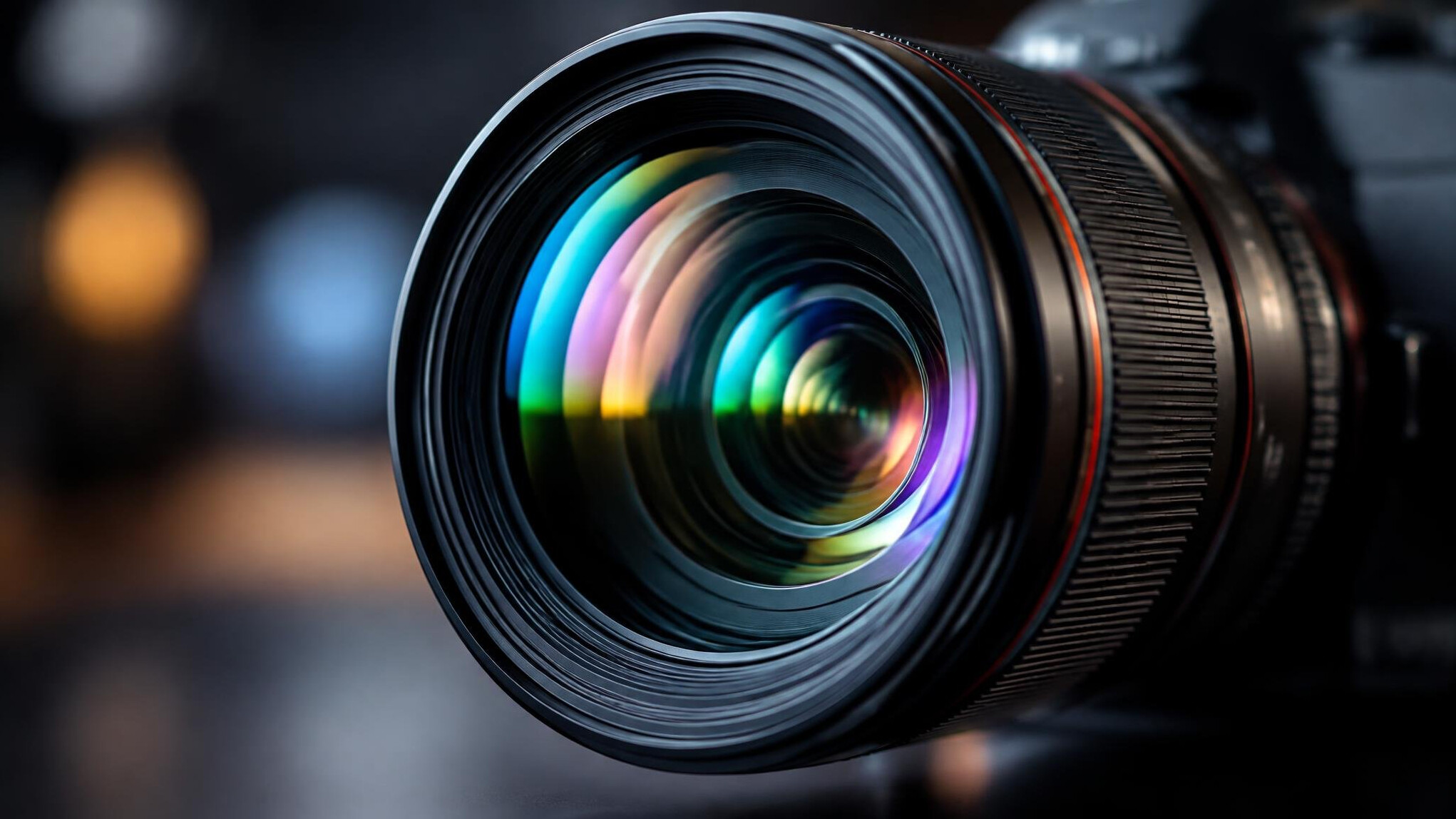 Camera lens close-up with reflections