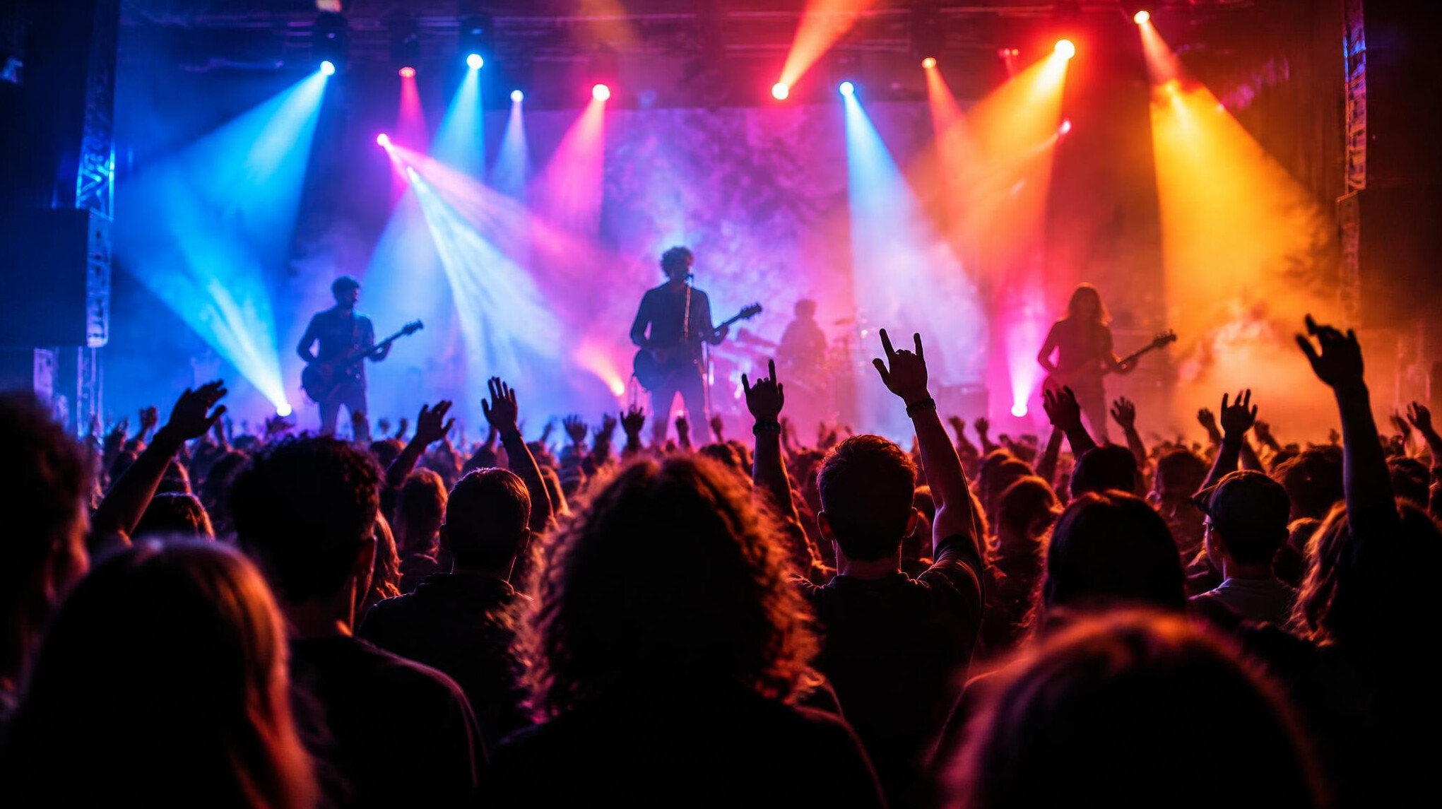 Concert stage with colorful lights and audience silhouettes