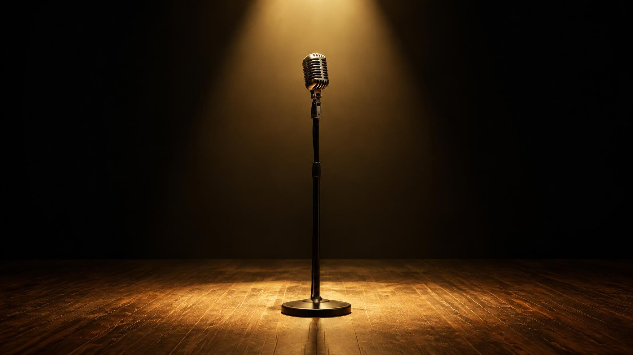 Microphone on a stand lit by stage light