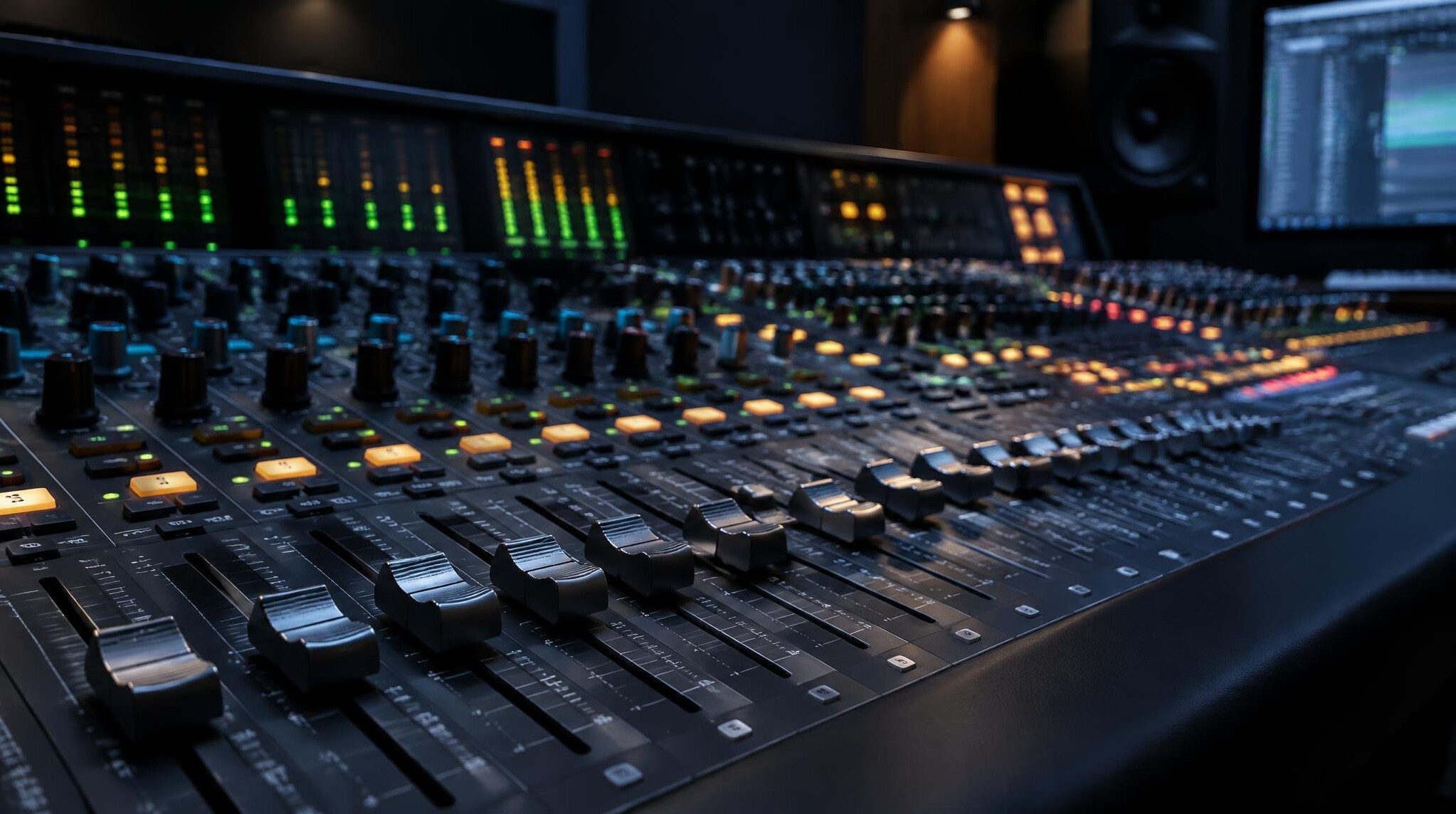 Audio mixing console with faders and knobs
